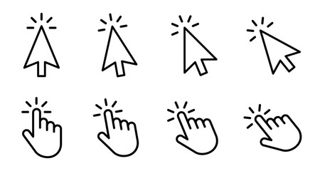 Click cursor icon set, arrow and hand pointer, computer cursor mouse at different angles