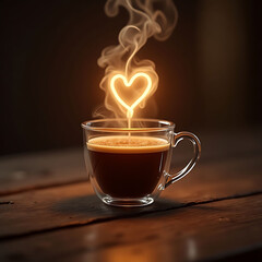 A cup of coffee with a glowing heart and steam on a wooden table