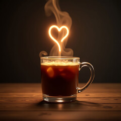 A cup of coffee with a glowing heart and steam on a wooden table