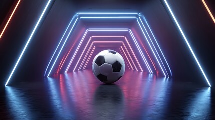 Nice photo of soccer ball in a neon tunnel with blue and red lights for background.