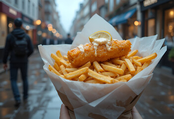 British fish and chips served in paper wrap