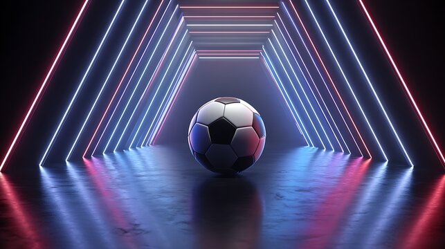 Nice photo of soccer ball in neon tunnel with red and blue light on dark background.