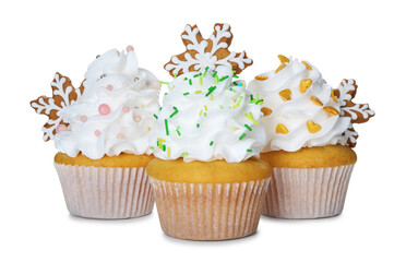 Tasty cupcakes with Christmas decor isolated on white