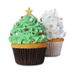 Festively decorated Christmas cupcakes isolated on white