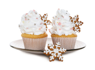 Tasty cupcakes with Christmas decor isolated on white