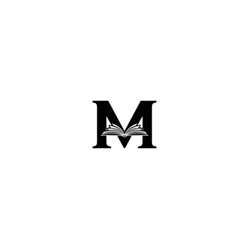 Letter m with open book symbol education and knowledge concept
