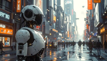 Fototapeta premium Futuristic robot stands in a busy, neon-lit city street with blurred people and reflective, wet pavement
