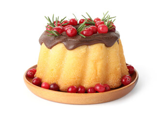 Delicious Christmas cake with chocolate glaze, cranberries and rosemary isolated on white
