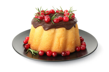 Delicious Christmas cake with chocolate glaze, cranberries and rosemary isolated on white