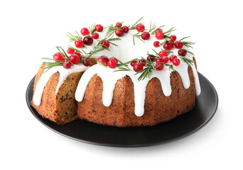 Delicious cut Christmas cake with icing, cranberries and rosemary isolated on white