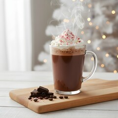 Winter Coffee Setup with Whipped Cream, Candy Cane, and Golden Fairy Lights 