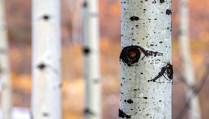 Close-up of aspen trees with textured white bark and knots, against a blurred colorful autumn foliage background