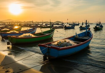 Fototapeta premium Fishing boats parked at shore, Golden Hour Photography,