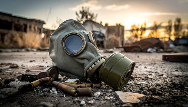 Gas mask, spent bullets and rubble in front of a ruined building during sunset