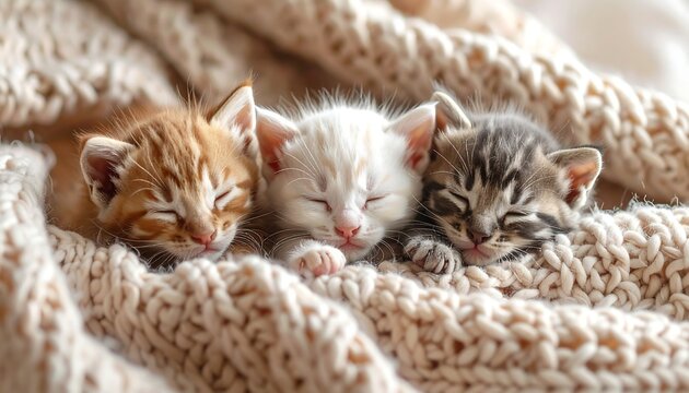 Three cute kittens, ginger, white, and tabby, sleep nestled together on a soft, chunky, cream-colored knitted blanket - Powered by Adobe