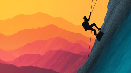 Naklejka premium A daring adventurer scales a steep cliff, silhouetted against the breathtaking gradient of sunset colors. The majestic mountains create a dramatic backdrop for this thrilling outdoor activity