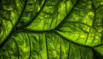 Close-up of a vibrant green leaf, displaying intricate vein patterns with a luminous backlight effect