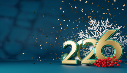 Celebrate the New Year with elegant 2026 gold numbers and festive confetti