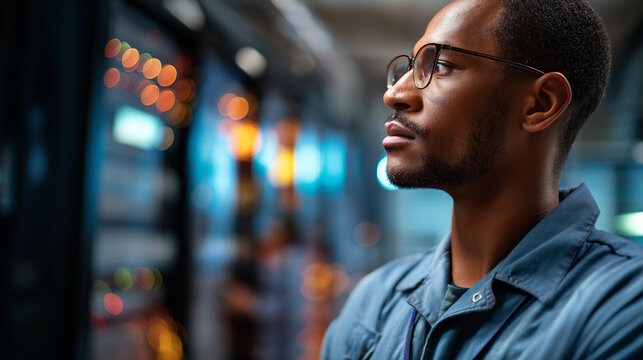 Faceless server hub manager supervising engineer defocused AI algorithms background categorizing clustering data data center supervisor natural language processing technology