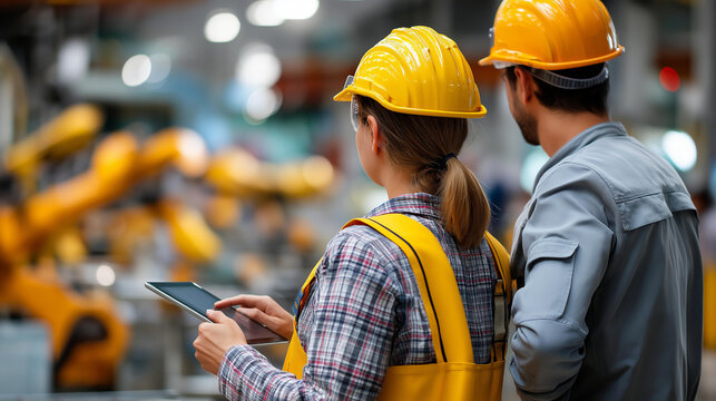 Two faceless diverse engineers walking with tablet computer defocused industrial machinery factory background Caucasian female Hispanic male specialists monitoring robots - Powered by Adobe