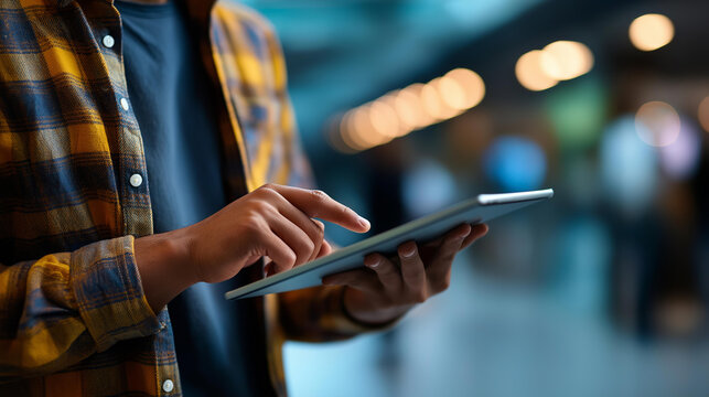 Faceless robotics engineer RPA developer using tablet defocused automation process background cycle time reductions analysis error rate diagnostics predictive maintenance alert