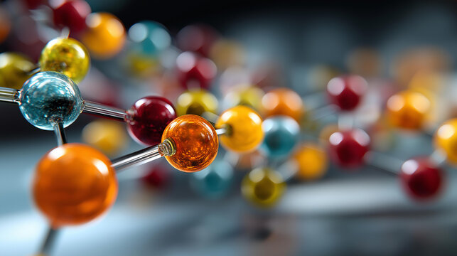 3D render of abstract molecular structure faceless bright colored spheres defocused chemical bonds background atoms connected visualization science illustration biotech chemis