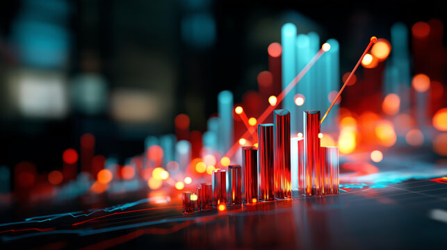 Dynamic 3D bar chart visualization with glowing lights faceless data growth representation defocused red and blue background financial analysis display modern tech environment