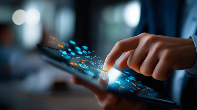 Digital tablet with glowing UI icons faceless business growth visualization defocused cloud and analytics tools background technology interface enterprise solutions data