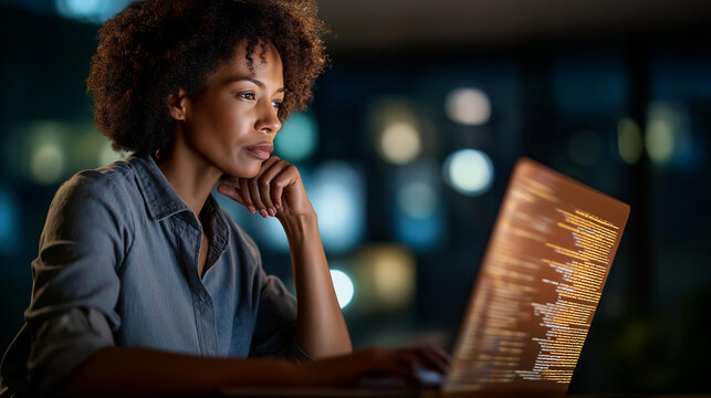 Faceless woman thinking at laptop with code hologram defocused data analytics overlay background information technology software algorithm visualization statistics display