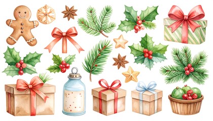 Festive watercolor holiday arrangement of a gingerbread man, presents, holly, evergreen branches, stars and other treats
