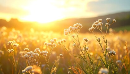 Sunlit meadow with delicate white wildflowers under a golden sky, creating a warm, serene, and peaceful ambiance