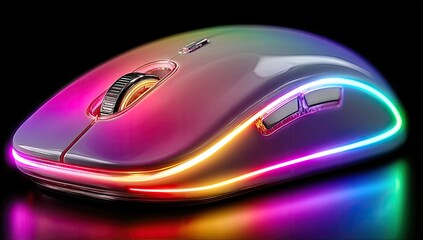 Glossy, iridescent computer mouse with colorful LED trim