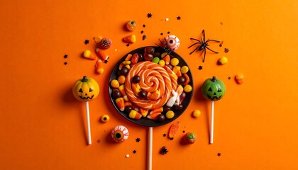 Halloween candy still life lollipops, candy corn, chocolates, spiders, and eyeballs on orange backdrop