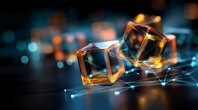 3D rendering of glowing holographic cubes faceless interconnected visualization defocused digital circuit boards background network lines display abstract geometric design neo