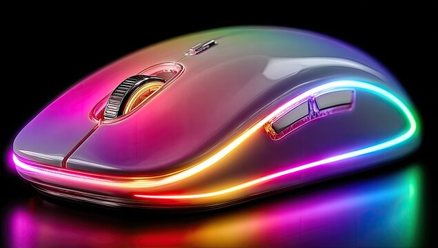 Glossy, iridescent computer mouse with colorful LED trim