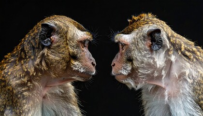 Two monkeys, facing each other against black. Brown, white fur, faces nose to nose. Close-up shot, detailed texture