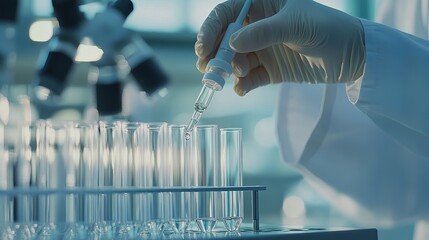 Scientist holding glass pipette with liquid droplet over test tubes in modern laboratory, medical research and experiment banner