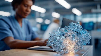 Faceless data scientists in modern technology company office defocused quantum computer development background science technology work big data blockchain concept computational