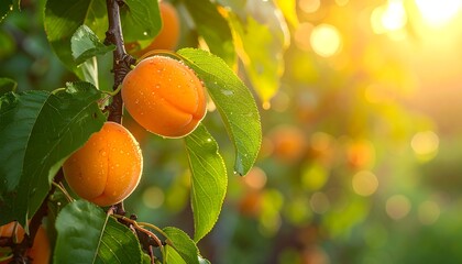Juicy, ripe apricots hang amidst vibrant green leaves, bathed in warm sunlight, creating a summery, natural scene