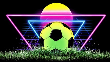 Neon retro-style image of a soccer ball, triangle frame, sunset, and grass against black