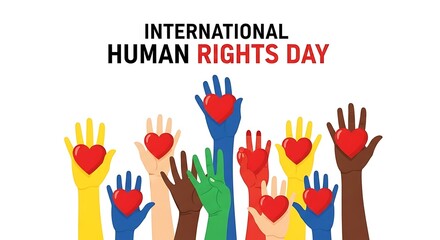 International human rights day celebration with diverse hands holding red hearts in the air together