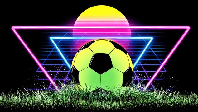 Neon retro-style image of a soccer ball, triangle frame, sunset, and grass against black