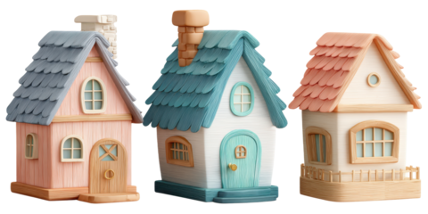 Stylized Colorful Cartoon Houses Isolated on Transparent Background