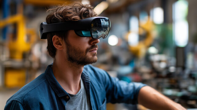 Faceless engineer on factory floor solving problems defocused advanced machinery background technical troubleshooting software assistance industrial operations manufacturing