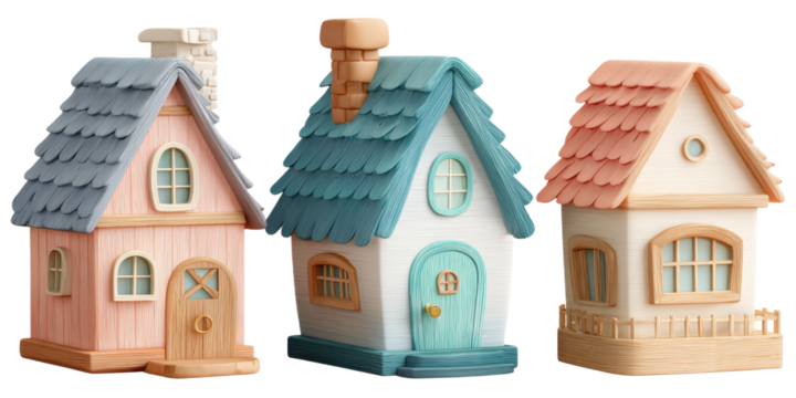 Stylized Colorful Cartoon Houses Isolated on Transparent Background