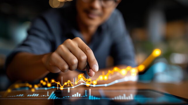 Business finance data analytics graph visualization faceless financial management technology defocused advisor using KPI dashboard background virtual screen metrics performance