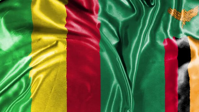 waving national colorful flag of mali and national flag of zambia
