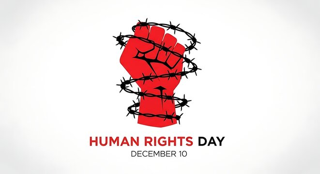 A red fist wrapped in barbed wire against a white background for human rights day december tenth