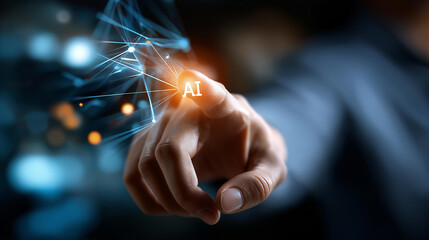 Faceless hand pointing at glowing AI text defocused digital network overlay background artificial intelligence symbolism machine learning representation advanced technology