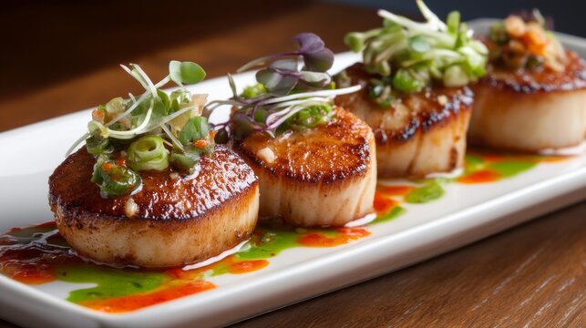 Delicious seared scallops are beautifully plated, showcasing a mix of vibrant sauces and topped with fresh herbs. This culinary delight offers a feast for the senses in a cozy dining atmosphere